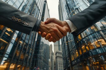 Businessmen shake hands on the background of a business center office corporation, concept of a successful deal