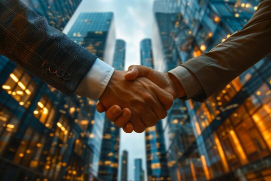 Men in business suits shake hands against the background of a business center office corporation