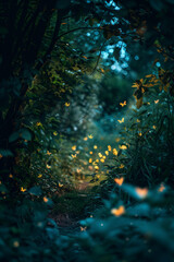 Obraz premium Enchanted Forest Path with Glowing Fireflies at Twilight