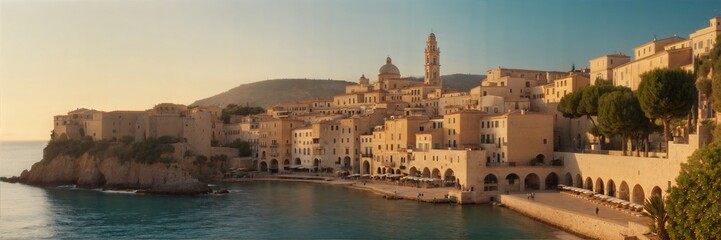 Fototapeta premium Aerial view of a charming Mediterranean coastal village with white-washed buildings cascading down a hillside towards a serene blue sea.