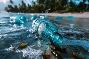 plastic bottles in sea water, water pollution with garbage