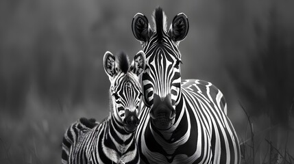 Fototapeta premium Plains zebra and foal stand facing camera. 