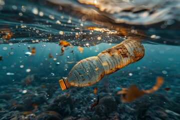 plastic bottle underwater in the sea or ocean, environmental pollution with garbage