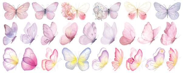 Butterfly collection. Watercolor illustration. Colorful Butterflies clipart set. Baby shower design elements. Party invitation, birthday celebration. Spring or summer decoration