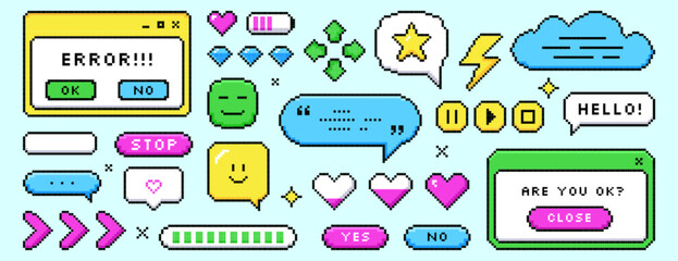Set of pixel dialogue boxes different shapes. Color chat speech bubbles, buttons, message frames, battery charge level and error in 8bit retro style. Pixelated arrow, love hearts and game asset icons. © redgreystock