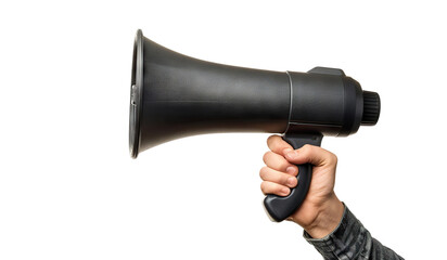 Hand holding a black megaphone, cut out