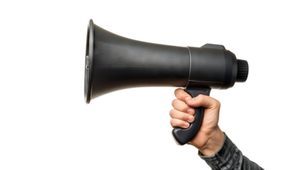 Hand holding a black megaphone, cut out