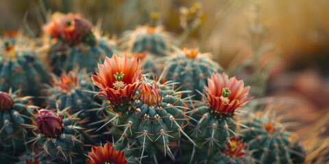 Obraz premium Close Up of Vibrant Blooming Cacti in Desert Landscape During Golden Hour