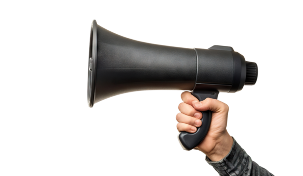 Hand holding a black megaphone, cut out