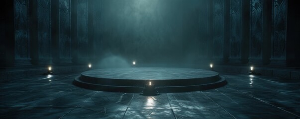 Empty ancient temple with a mystical round platform in the center, surrounded by fog and dim lighting, creating an eerie atmosphere.