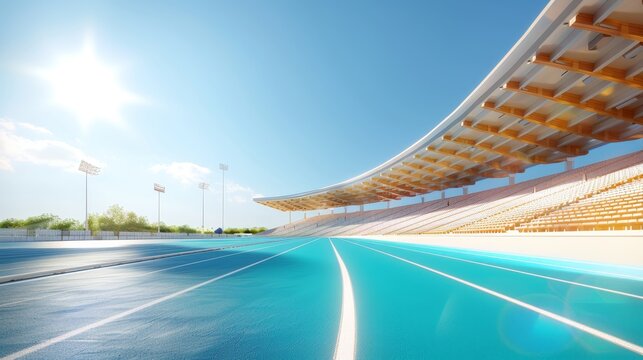 blue running track at a modern stadium with wooden roof in sunny day.