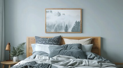 VA+/-deo photo frame mockup on a head of the bed.