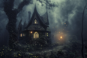 Fototapeta premium Mysterious forest house with glowing windows and eerie lights creating a spooky night scene