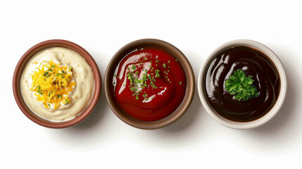 Various sauces in a ceramic bowl from above. Mustard, burger sauce, tartar, and ketchup are all isolated on a white background.