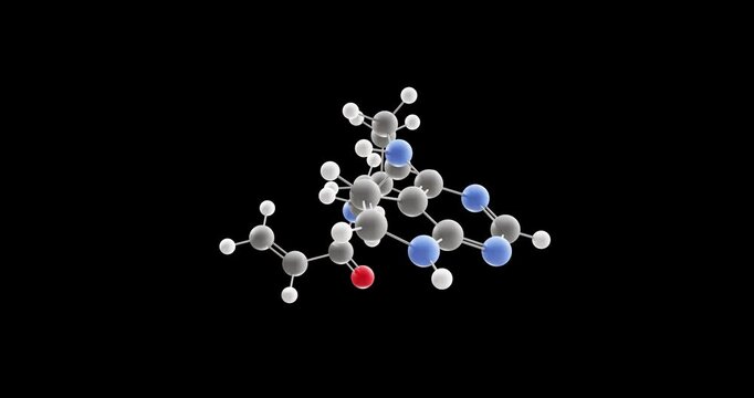 Ritlecitinib molecule, rotating 3D model of kinase inhibitor, looped video on a black background