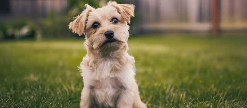 Dog sitting on the grass. Morkie breed dog on the lawn. Cute dog. Pet care concept. Adorable cream and brown morkie sitting in lawn with head cocked and inquisitive expression waiting for instructions