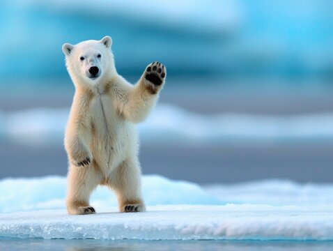 adorable polar bear cub waving hello on an ice floe in arctic waters.