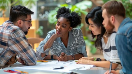 Diverse architects, designers, engineers collaborate intensely on project plans in a modern industrial workspace. AIG53M