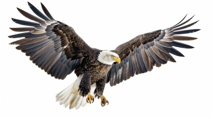 Fototapeta premium Bald Eagle isolated on white background. Eagle flying. US sign. Brown eagle with white head.