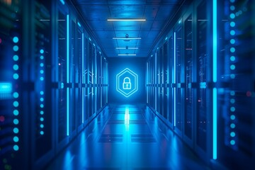 a security icon float in data center, concept of digital security, data security, permission and access control
