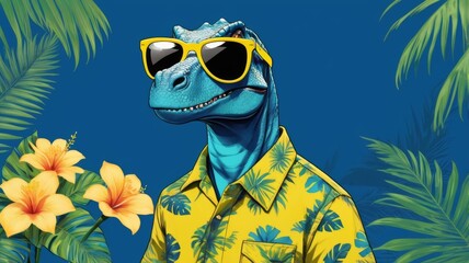 A cartoon dinosaur wearing sunglasses and a hawaiian shirt with palm leaves background. illustration