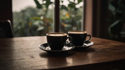 Two Cups of Coffee on a Wooden Table in front of a window with a view of the outdoors outside,