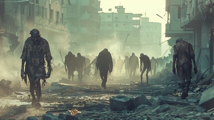 Zombies amid a backdrop of a post-apocalyptic urban scene with a gritty and eerie atmosphere