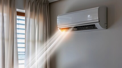 A modern air conditioner cooling a room with sunlight streaming through curtains, illustrating indoor climate control and comfort.