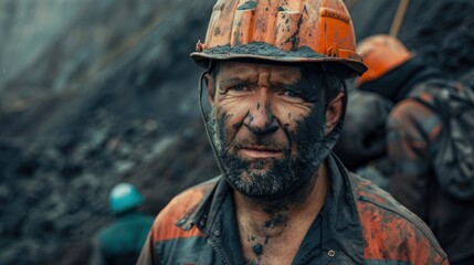 Fototapeta premium Workers With Coal At An Open Pit, Their Faces Showing Determination And Resilience