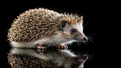 Obraz premium Animal hedgehog with quills standing on a black background, hedgehog, animal, quills, spikes, mammal, spiky, prickly