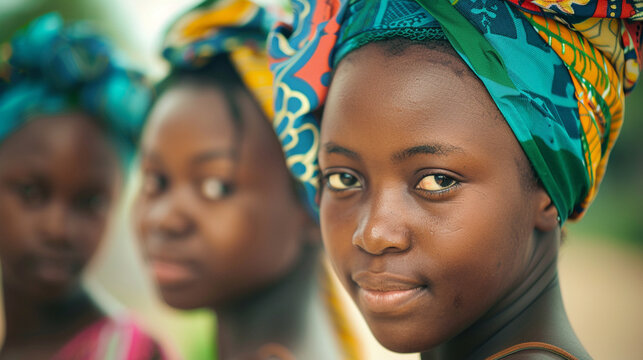 Three young women wearing colorful head scarves are smiling for the camera
