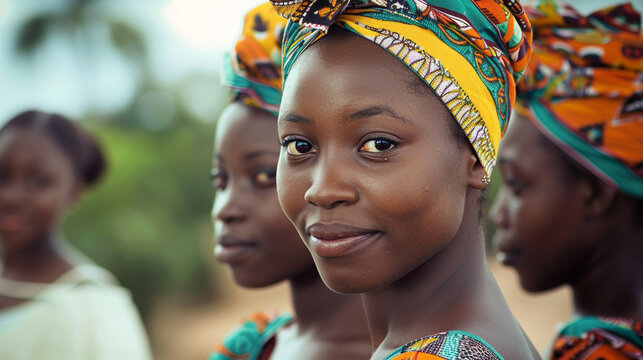 A woman wearing a colorful head scarf is smiling at the camera