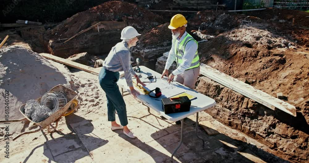 Poster architecture, collaboration and property development with construction worker people on building sit