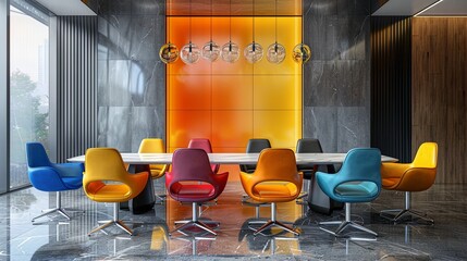 Tables and vibrant chairs or armchairs arranged for executives and leaders of a creative agency meeting in the conference room of an office building