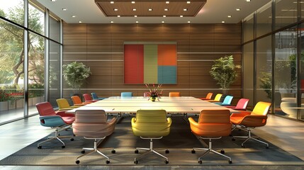 Tables and vibrant chairs or armchairs arranged for executives and leaders of a creative agency meeting in the conference room of an office building