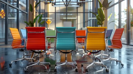 Tables and vibrant chairs or armchairs arranged for executives and leaders of a creative agency meeting in the conference room of an office building