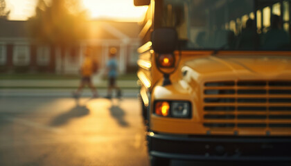 School bus at sunrise with blurred individuals in the background, capturing the early morning commute in a serene suburban area.