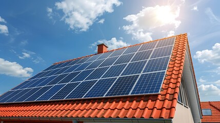 Solar panels cell on rooftop with blue sky view, renewable. Alternative electricity source energy.	