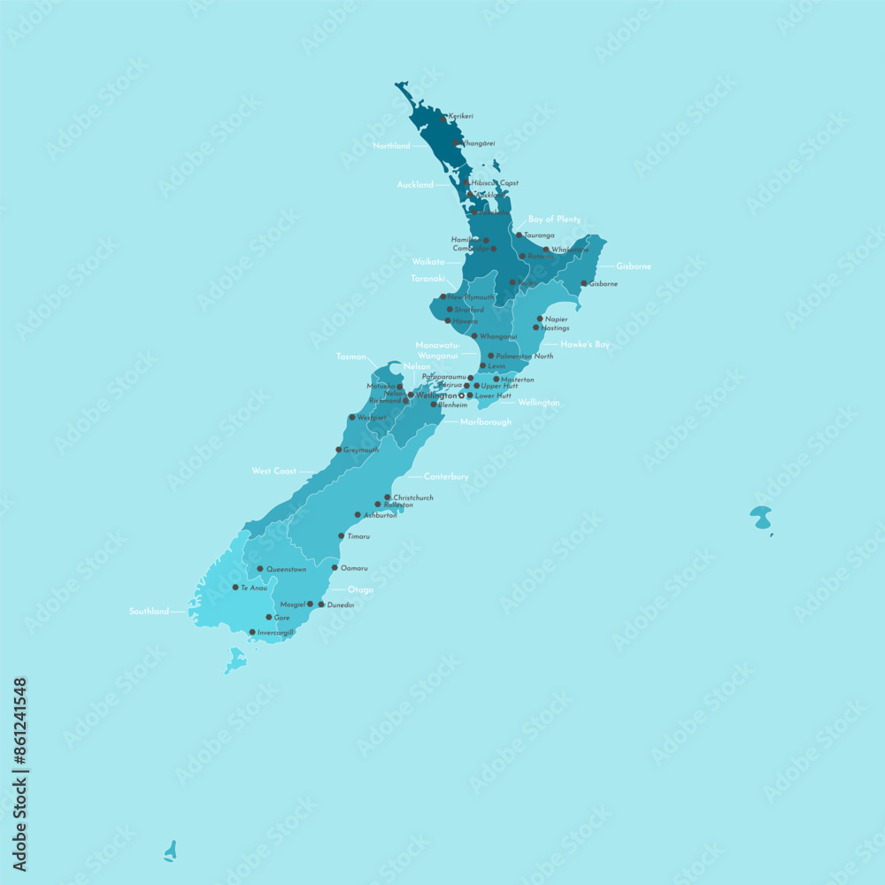 Wall mural Vector modern illustration. Simplified administrative map of New Zealand. Border of regions. Names of cities and provinces. Blue background of seas.