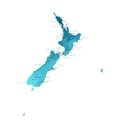 Vector modern isolated illustration. Simplified administrative map of New Zealand. Border of regions. Names of cities and provinces. White background