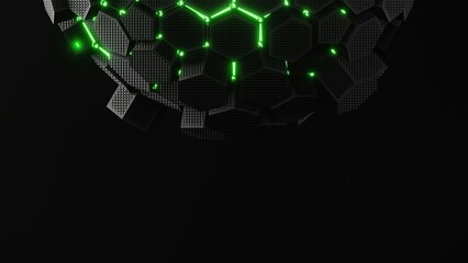 Obraz premium A modern, abstract 3D hexagon pattern features neon green glowing elements set against a dark backdrop