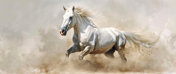 Obraz premium Eye-level angle portrait of a white horse with a long mane, galloping majestically through desert dust, out-of-focus background, watercolor technique