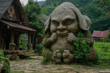 Obraz premium Large whimsical stone sculpture of a smiling creature surrounded by greenery in a serene village setting