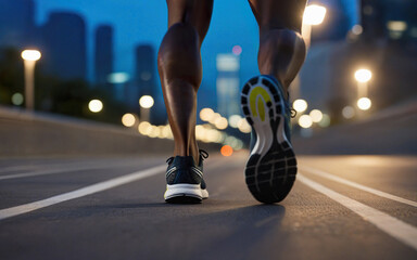 athlete running through the night city, close-up sneakers, lantern lights, training and active lifestyle, motion blur effect, soft focus
