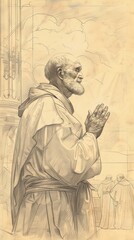 Fototapeta premium The painting of St. Leo the Great in Prayer in 5th-Century Church, Beige Background, Copyspace