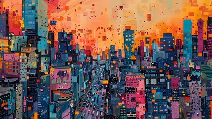 Pointillism Cityscape at Sunset