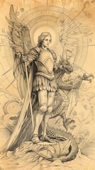 The painting of St. Michael the Archangel Defeating the Dragon in Celestial Landscape, Beige Background, Copyspace