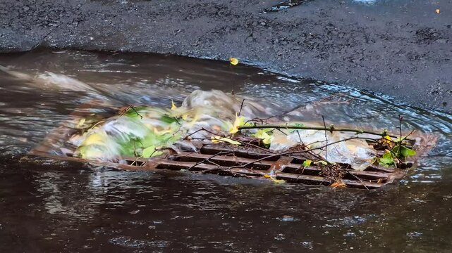 Storm drain in heavy rain water flow clogged with leaves, branches and plastic bag environmental hazard flood in the city
