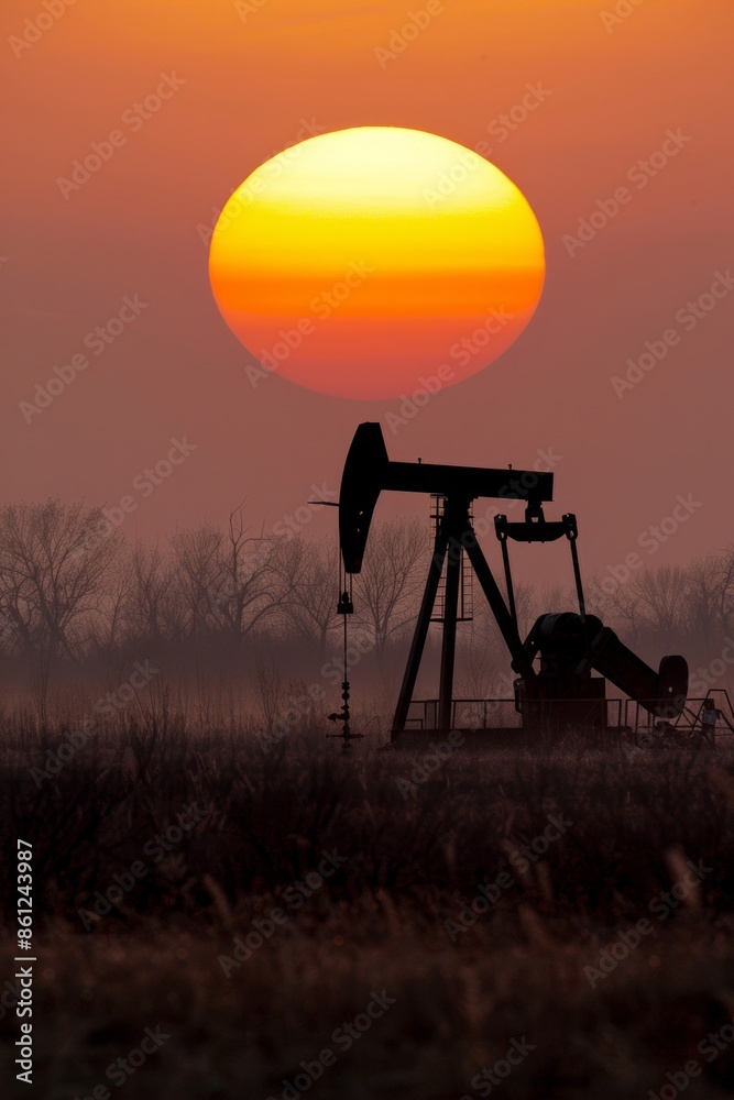 Wall mural A silhouette of an oil pump jack against a vibrant rising sun, symbolizing the dawn of a new day in the oil industry