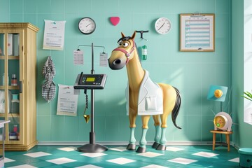 A cartoon horse is standing in a room with a doctor's office